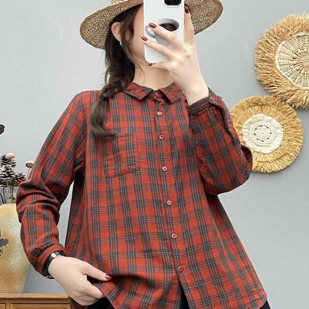 Authentic Cotton Double-Layer Gauze Plaid Shirt for Women - Long Sleeve, Loose, Versatile, Retro Style