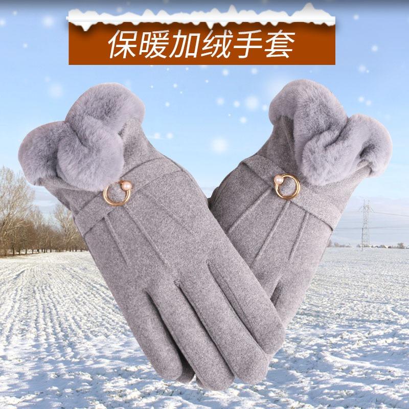 Warm gloves autumn and winter women's fleece thickened cute furry mouth student cold-proof outdoor riding touch screen gloves