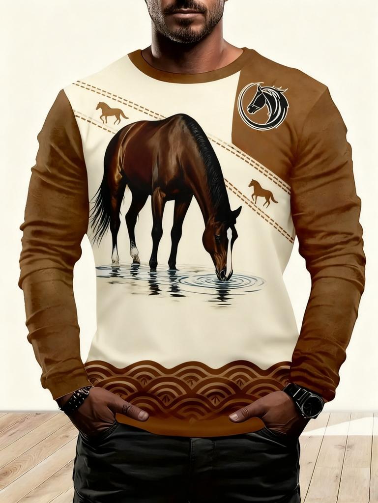 Men's T-Shirt Running Horse Graphic 3D Print Fashion Long Sleeve Crew Neck Unisex Tee Shirt Casual Summer Personality Men's Top