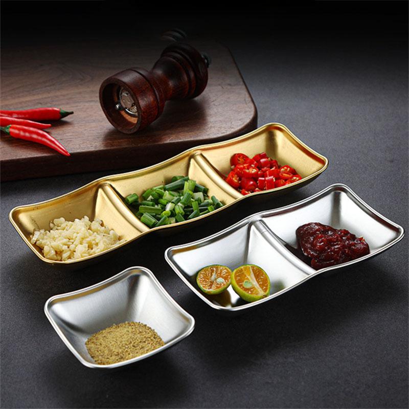 Muti-grid 304 Stainless Steel Seasoning Plate Sauce Divide Dishes Hot Pot BBQ Soy Vinagar Dish Meal Table Service for Kitchen