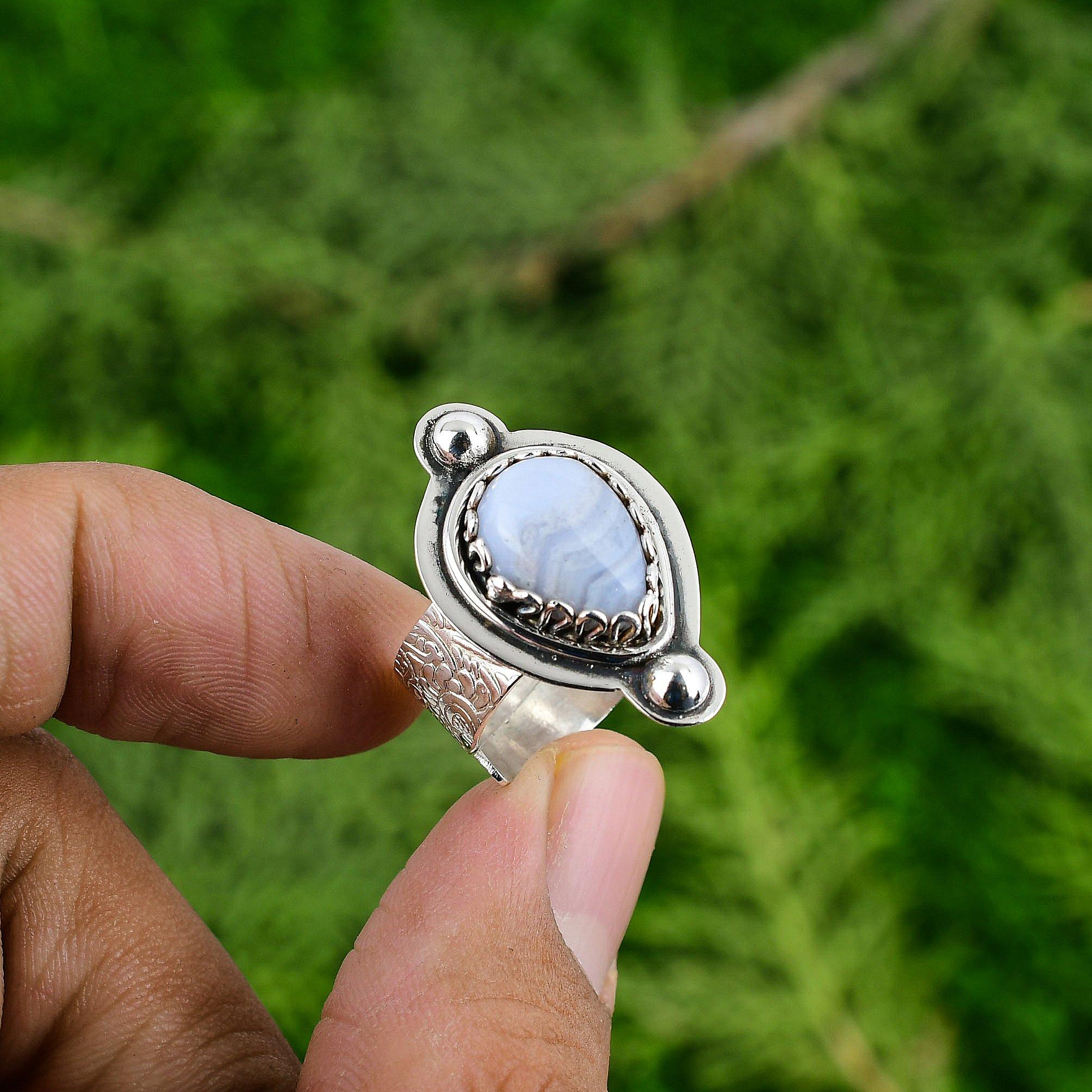 

Natural Blue Lace Agate Gemstone Stackable Adjustable Ring 925 Sterling Silver Adjustable