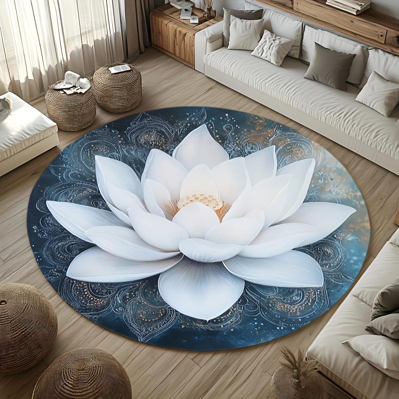 1 Piece Fantasy White Lotus Print Round Rug, Crystal Velvet Fabric Non-slip, Suitable for Indoor Entrance Living Room Decoration