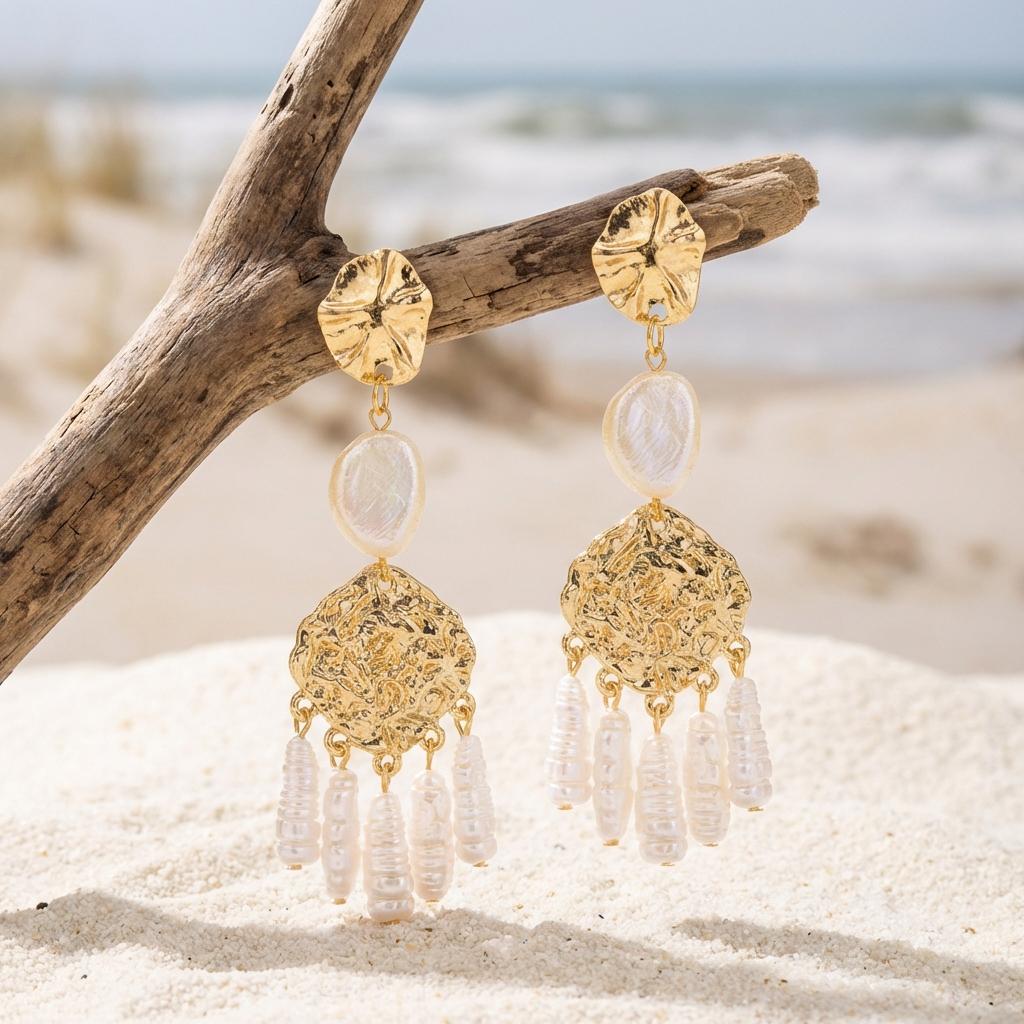 Mehrschichtige Perlmutt-Quastenohrringe für Damen Elegante Goldfarbe Koralle Geometrische Hängeohrringe Sommer Strand Schmuck