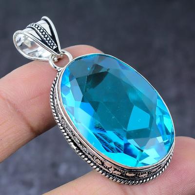 Naturlig schweizisk blå topas handgjord 925 sterlingsilver smyckeshänge 2,17" V4c72