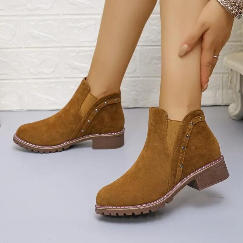 Fashion Shoes for Women 2024 Fashion Slip on Women's Boots Autumn Round Toe Solid Flock Short Barrel Chunky Heels Large Size Roman Boots