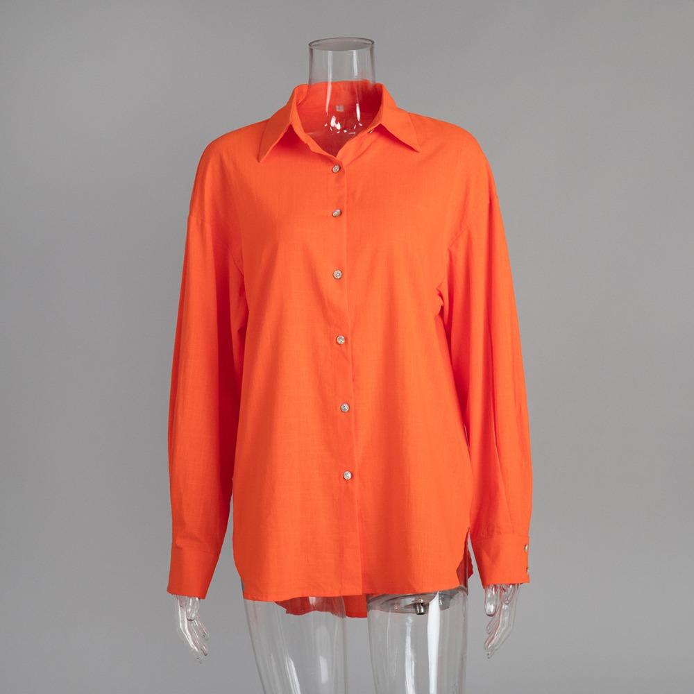 Women's Oversized Button Down Shirt Loose Fit Point Collar Long Sleeve Solid Cotton Blouse