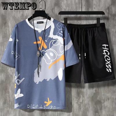 Letni Garnitur Męski Modny Dres Męska Koszulka z Krótkim Rękawem + Spodenki Sportowe Zestaw Męska Odzież Codzienna Męska