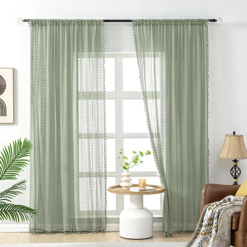 Cremefarbene Vintage-Vorhänge Boho-Vorhänge für Schlafzimmer 1 Stück, Bauernhaus Böhmische Dekoration Häkelspitze Transparent Sichtschutz Lichtdurchlässig mit Quasten Lange Fenstervorhänge Stangentasche