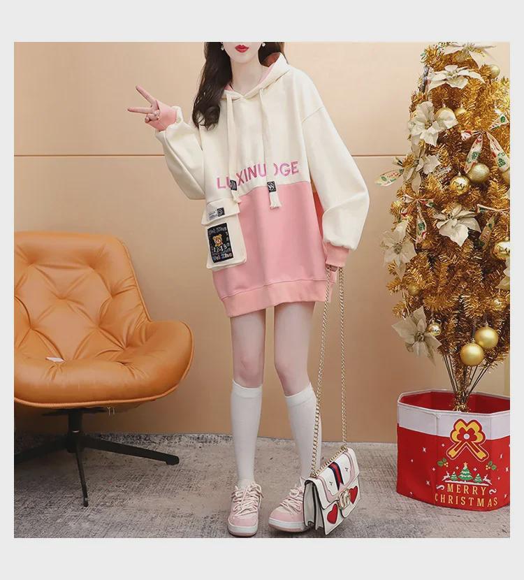 Women's Mid-length Color Block Hoodie Sweatshirt with Patchwork Pockets - Spring & Autumn 2023 All-Match Style