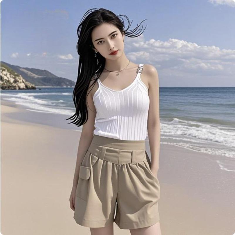 Damesmode zomer losse casual shorts elastische taille strandshorts effen kleur ademende broek met wijde pijpen