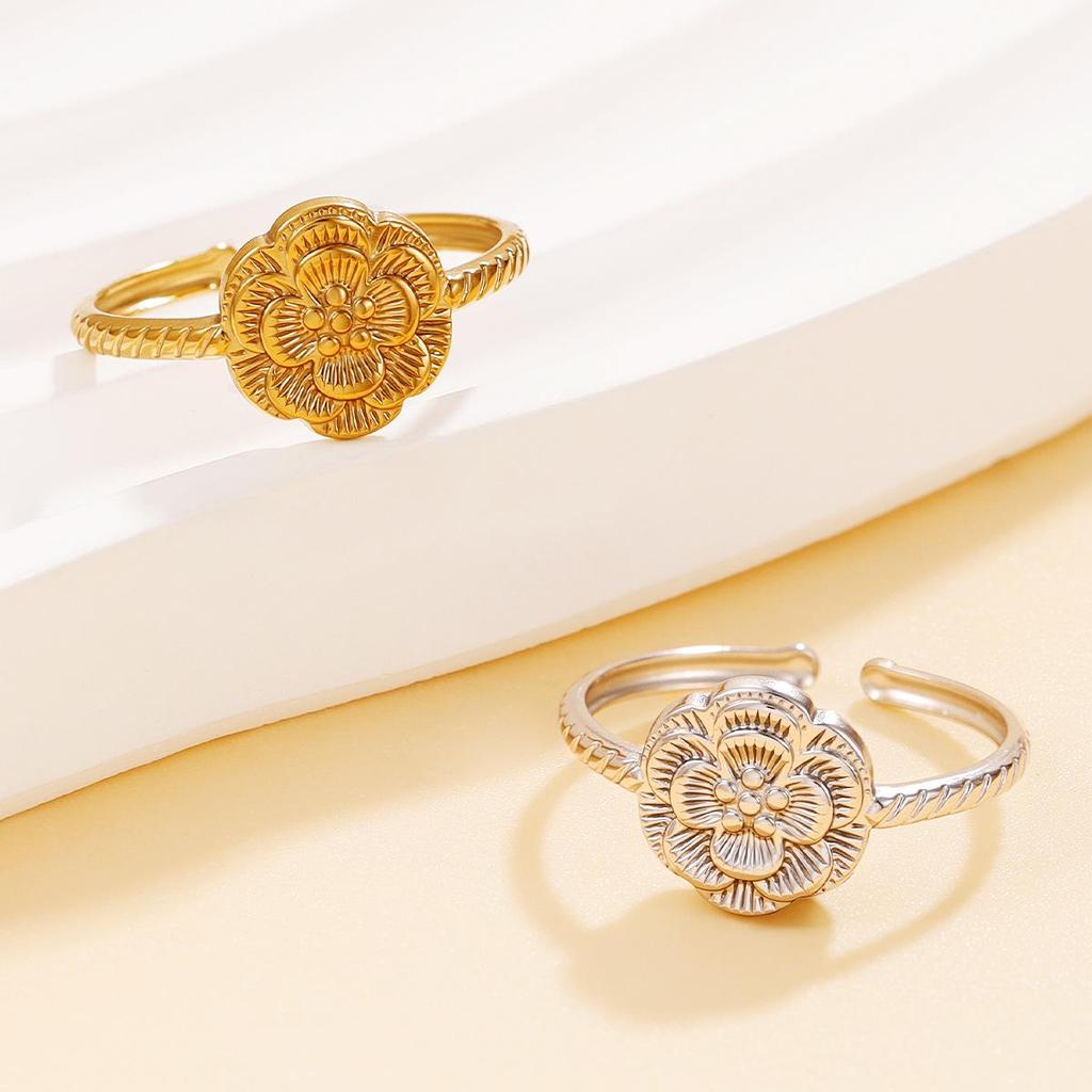 Stainless Steel Cute Rose Flower Open Ring with 3D Carved Design