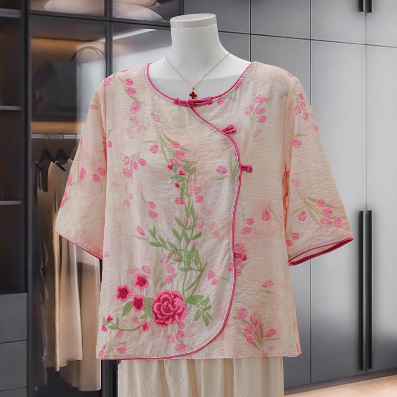 2026 Stylish Embroidered Chiffon Top for Middle-Aged Women - Chinese Style Summer Short-Sleeve T-Shirt