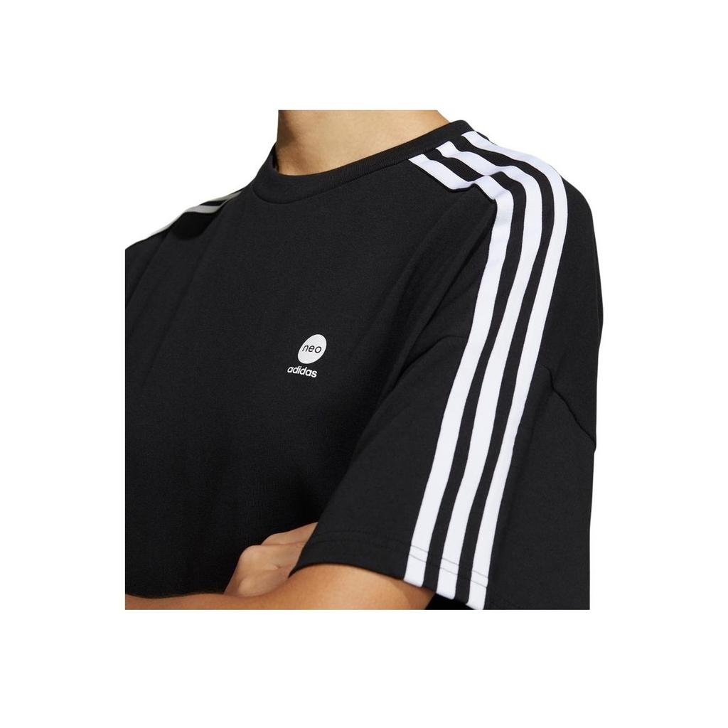 Adidas Neo Straight Leg Striped Micro Logo Casual Comfortable Loose Sports Short Sleeve Dress Women Dresses Black HE4518