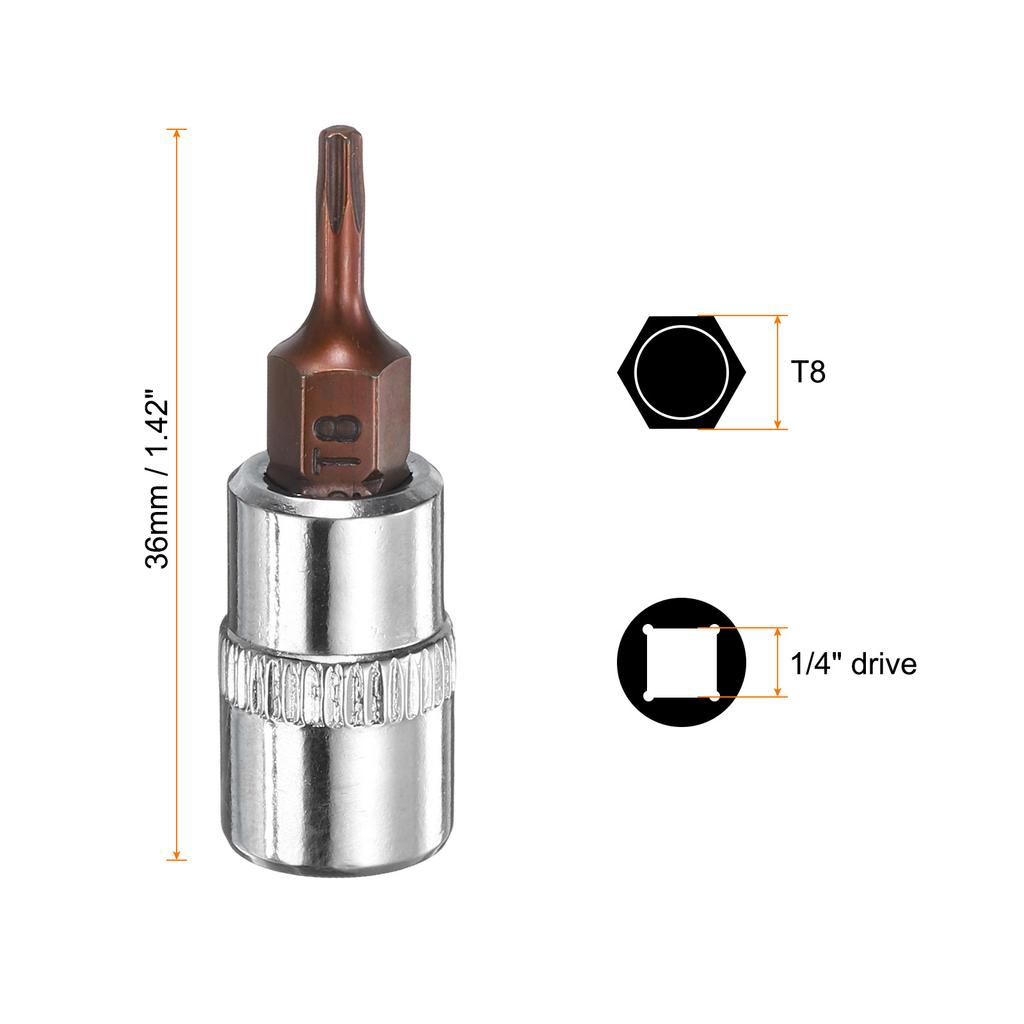 3/5pcs T8 T10 T15 T20 T25 T27 T30 T40 Torx Bit Socket 1/4" Square Drive Star 6 Point S2 & CR-V Steel Socket Ratchet Wrench Bits