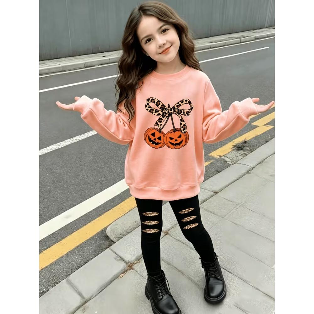 Girls' Halloween Bow Casual Comfortable Soft Loose Pullover Sweatshirt and Leggings 2-Piece Set, New Autumn/Winter, Playful, Sweet and Cool Style