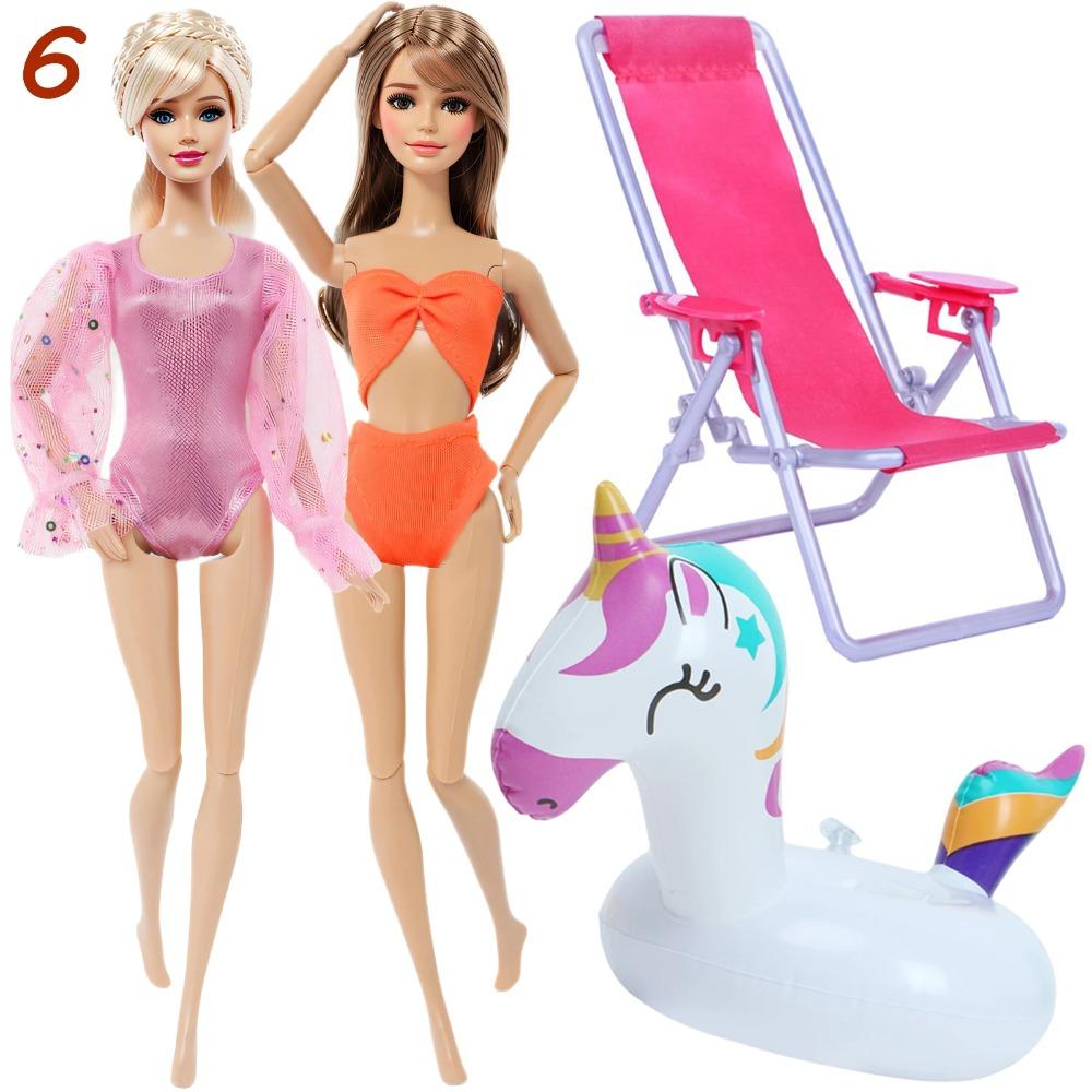 4 Przedmioty Akcesoria do Kostiumów Kąpielowych dla Lalki 2x Kostium Kąpielowy Bikini 1x Leżak Plażowy 1x Nadmuchiwany Koło do Pływania 30CM Ubranka dla Lalki 11,8 Calowa Zabawka Lalka