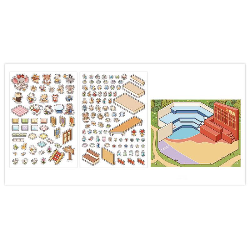 3Sheets/Bag Sticker Pack Kawaii Shop PET 2.5D Scenery Sticker For Scrapbook Journal Planner DIY Stationery Phone Case Decoration