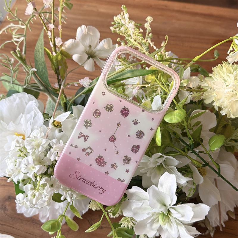 Powder Gradient Strawberry Chain Phone Case for iPhone 17/16 Pro Max/15/14 - Premium Feel
