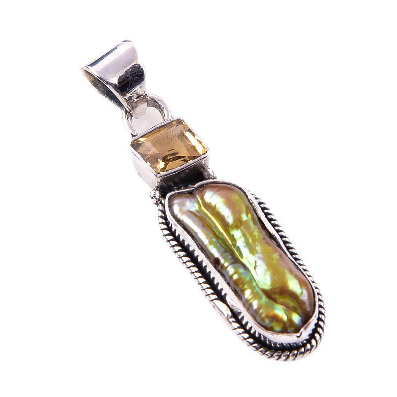 Natural Biwa Pearl,Citrine Gemstone 925 Solid Sterling Silver Pendant 1.75" t4J86