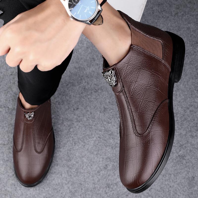 Men's Boots New Genuine Leather High Top Casual Shoes Top Quality Cow Leather Casual Business Work Shoes Winter Warm Ankle Boots