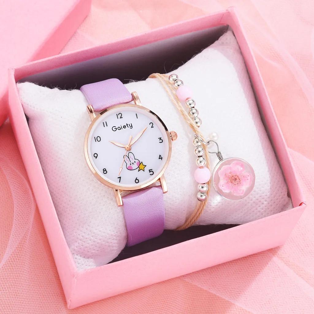 2/5 Adet Kadın Saat Bileklik Seti Deri Sevimli Tavşan Kız Çocuk Kol Saati Moda Bayan Kuvars Saat Reloj Mujer Öğrenci Hediyesi