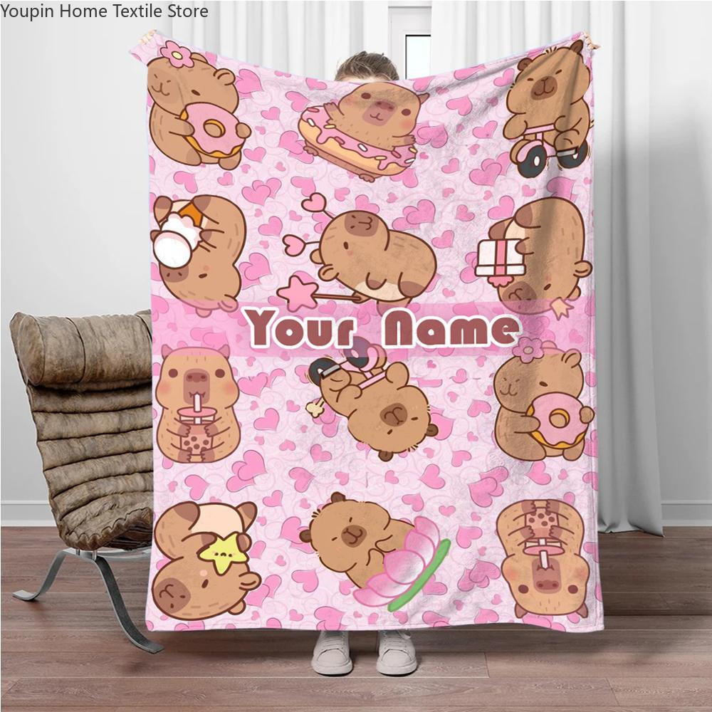 1pc Cartoon Capybara Personalized Flannel Fleece Blanket, Custom Name Digital Print,Soft Comfortable Gift Throw for Home//Travel