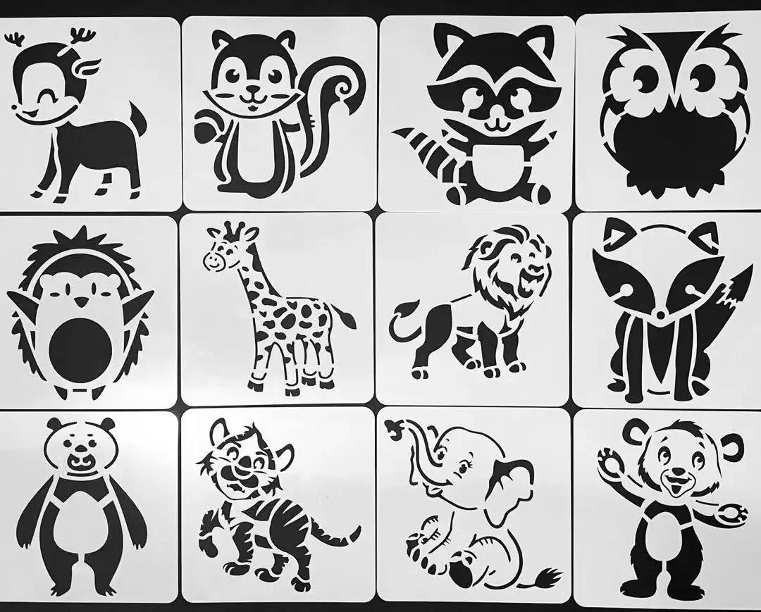 12pcs/set Children Students Drawing Template Cartoon Animals Squirrel Lion Stencils Painting Template for Scrapbook Album Decor