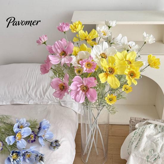 Wartungsfreie Blumendekoration für Hotel, 33 Zoll hohe künstliche Cosmeen-Blumen in Vasen, gefälschte Seiden-Gänseblümchen-Zweige mit Stielen in Vase, realistisch