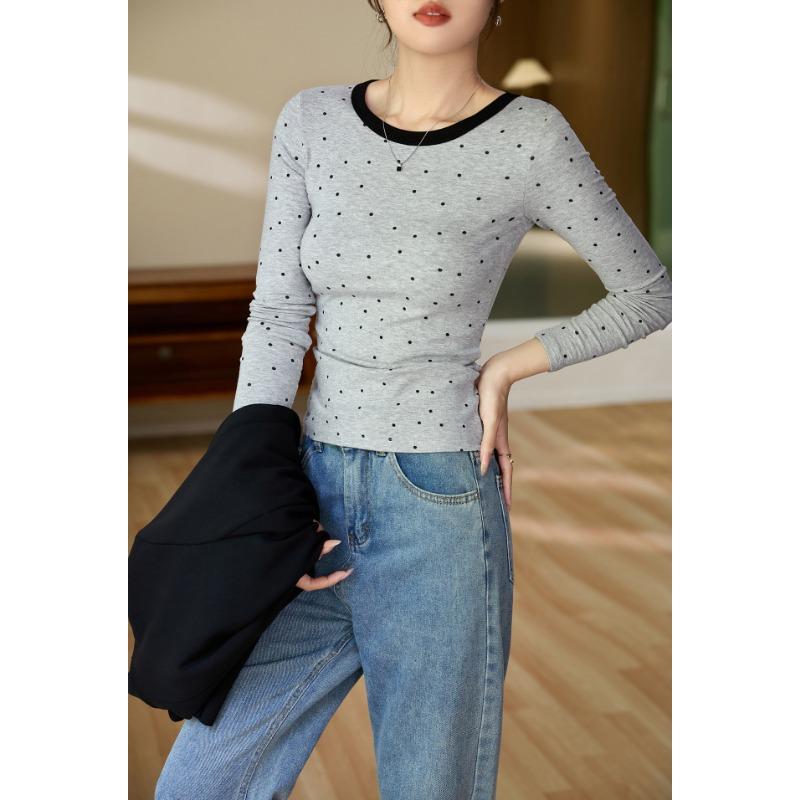 Women Polka Dot Color Block Long Sleeve Slim Fit Vintage Bottoming T Shirt