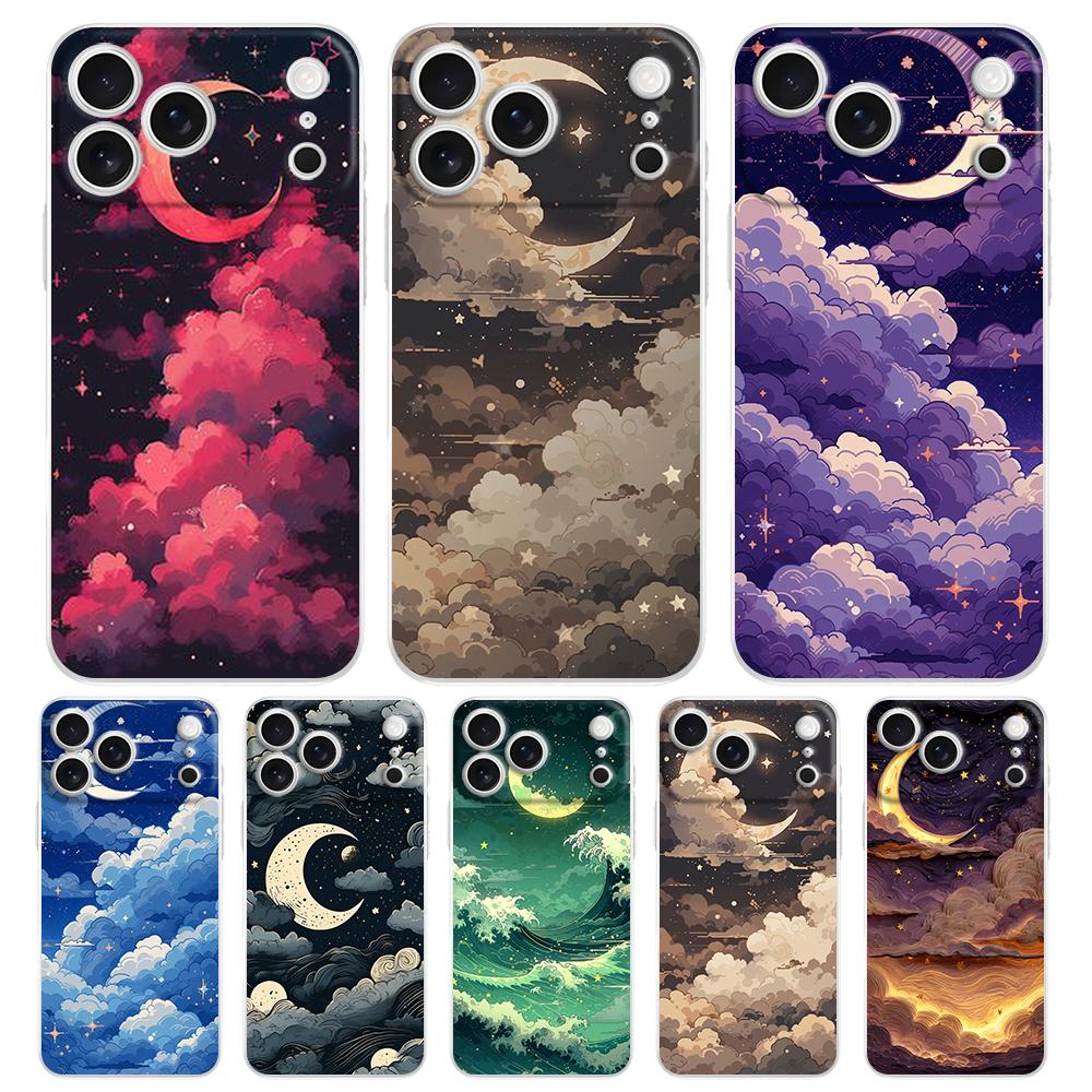 Soft Clear TPU Phone Case For iPhone 17 Air 16E 16 11 15 14 Pro MAX 12 13 7 8 Plus SE Easter Cover Moon Cloud Comic Style