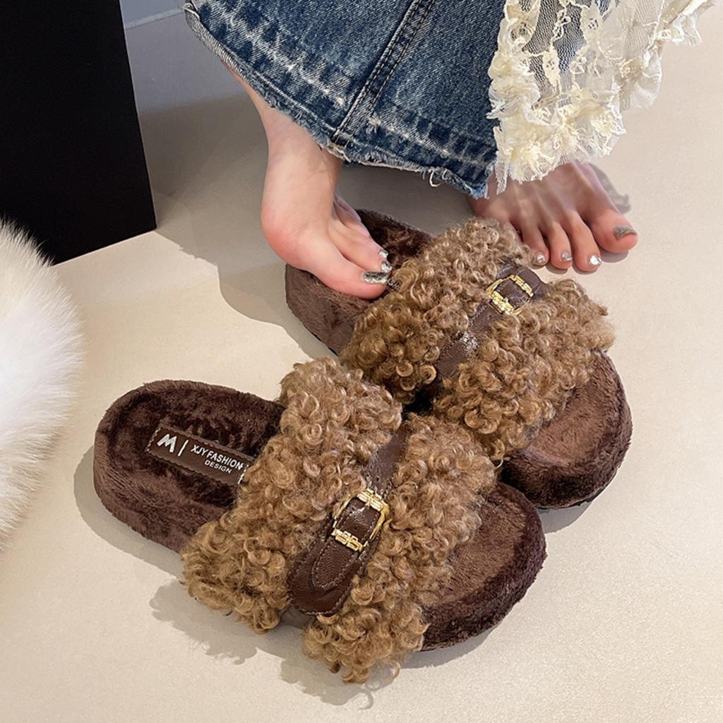 Korean version of thick-soled fluffy slippers for women to wear 2025 autumn and winter new Korean version of comfortable slippers one-word cotton tow