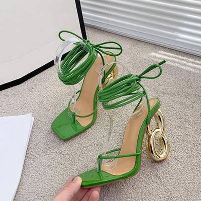 New Fashion Green Cross Ankle Strap Women's Strange High Heels Sexy Sandals Summer Pinch Narrow Band Square Toe Party Shoe