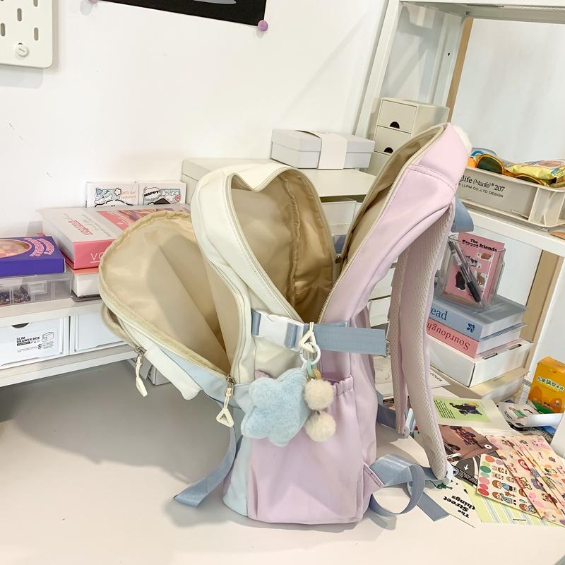 Women's Nylon Backpack Letter Large Capacity Student Schoolbag Color Block Backpack