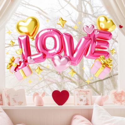 Valentine's Day Window Cling PVC Pink Letter Heart Static Bow Love Removable Waterproof Glass Sticker Wedding