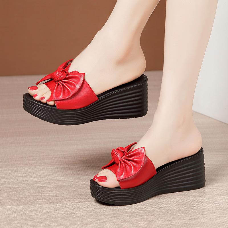

7cm Plus Size 33-43 Comfortable Sweet Bow Soft Leather Slippers Platform Shoes 2026 Med Heels Wedges Slides for Office Beach Mom 33 красный