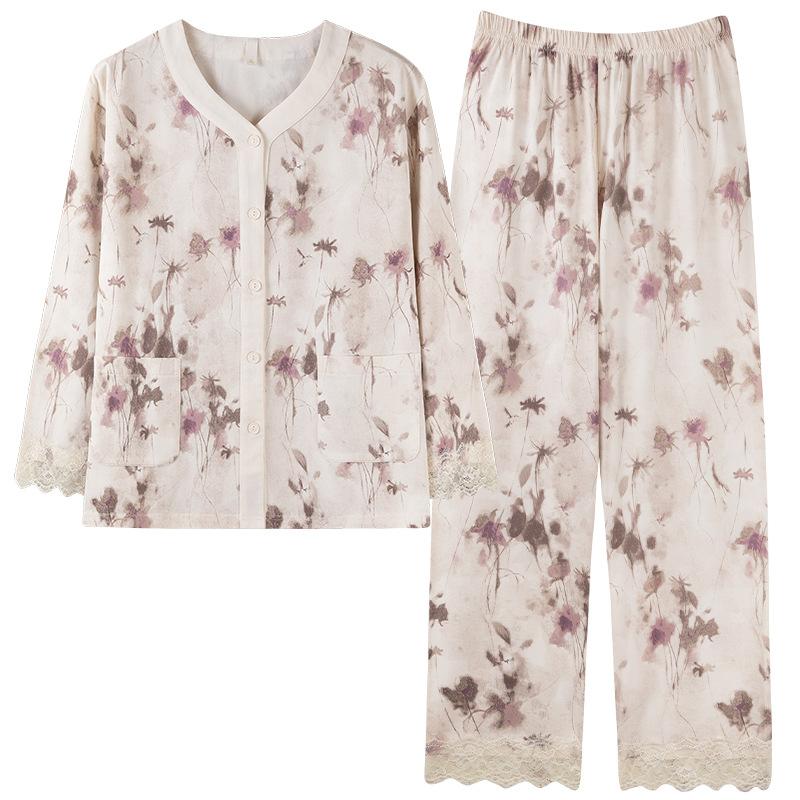 Spring and autumn pajamas women's pure cotton long-sleeved high-end national style V-neck cardigan women's autumn large-size loungewear set