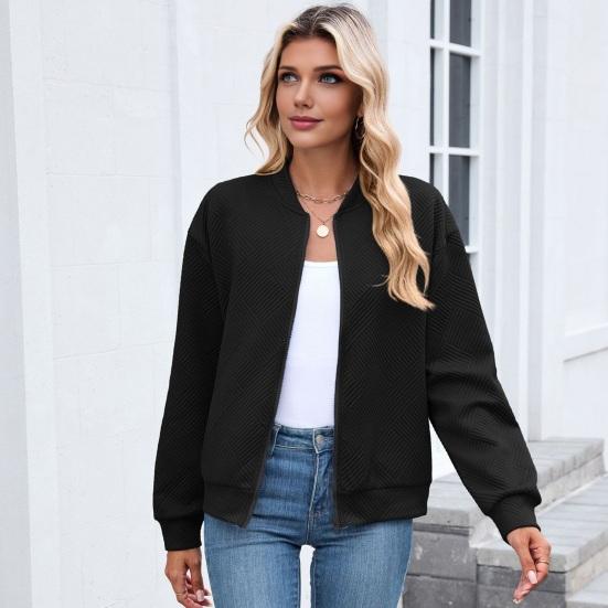 Women Coat Stand Collar Long Sleeve Zipper Closure Baseball Jacket with
