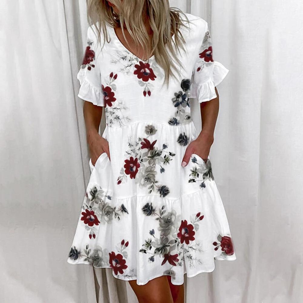 Women Ruffles Mini Dress Summer Fashion Elegant V-Neck Floral Print Patchwork Dresses Loose Pocket Casual Beach Party Vestidos