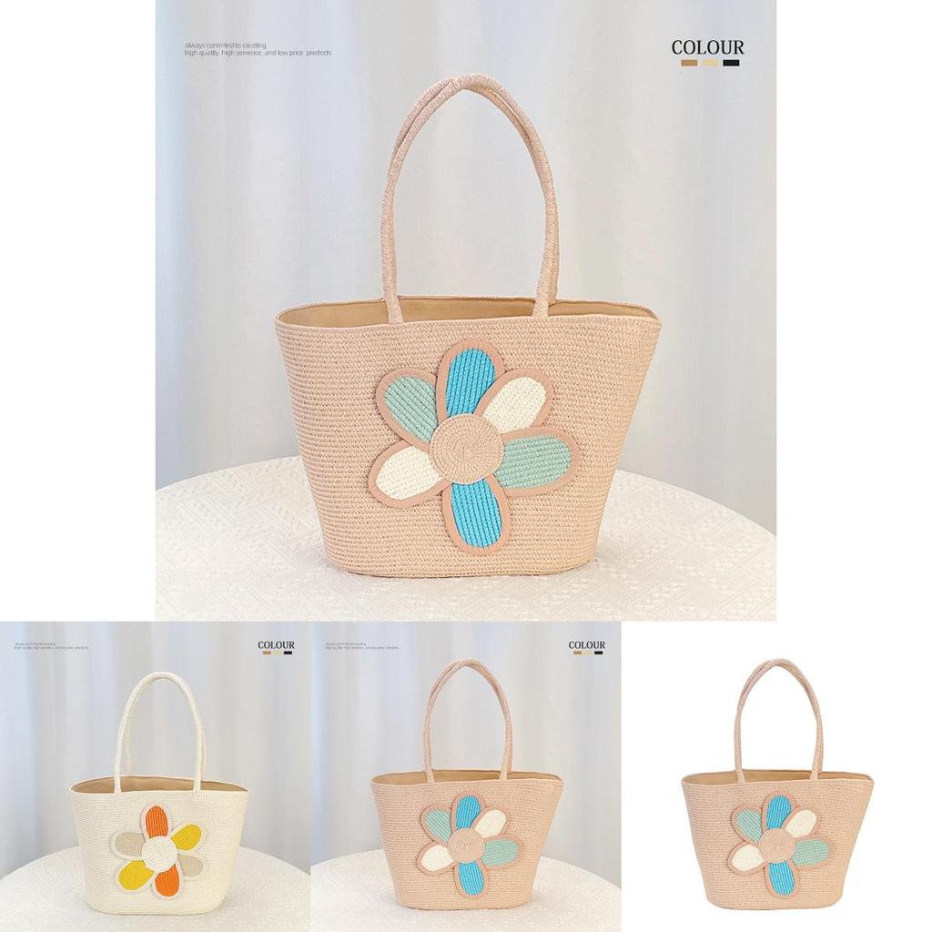 Simple Flower Color Blocked Pattern Women Large Capacity Woven Tote Bag For Summer Casual Use