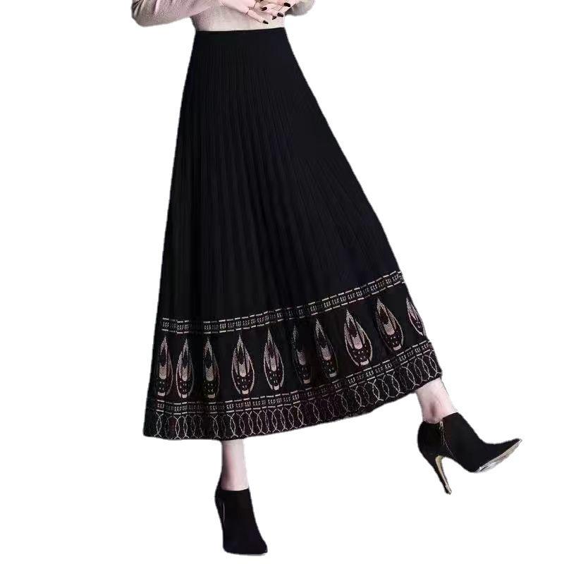 Half Length Skirt for Autumn and Winter Mid Length Mom Pleated Skirt Knitted Half Length Skirt