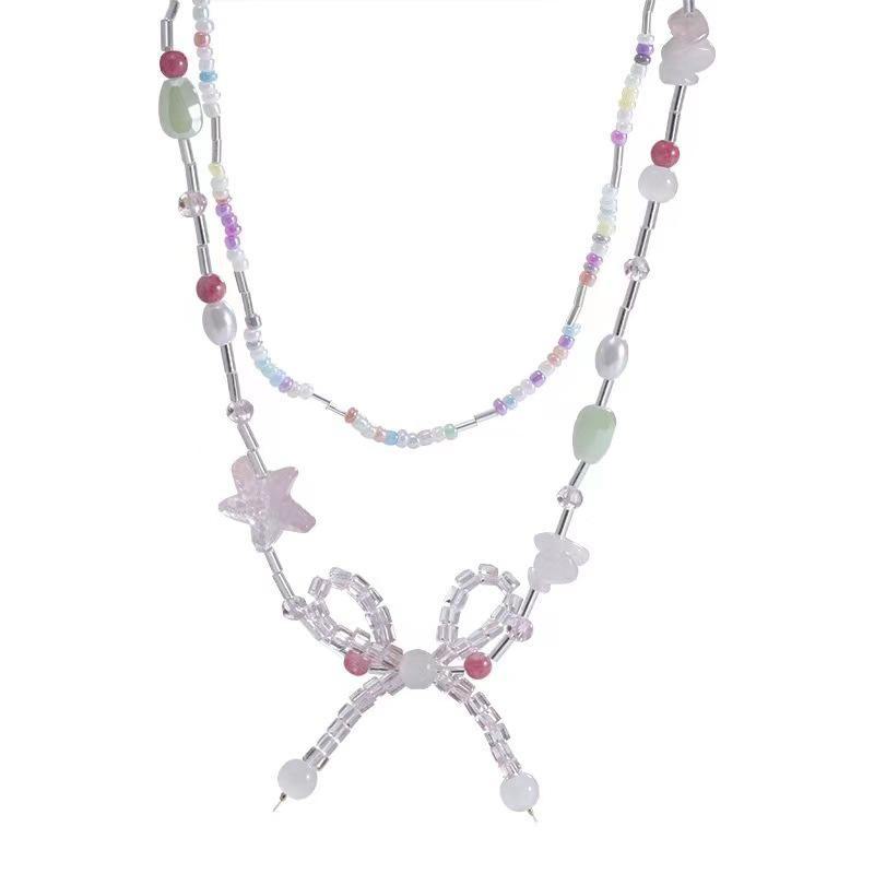 Crystal Star Bow Necklace - Unique Summer Design, Beaded Clavicle Chain for Women