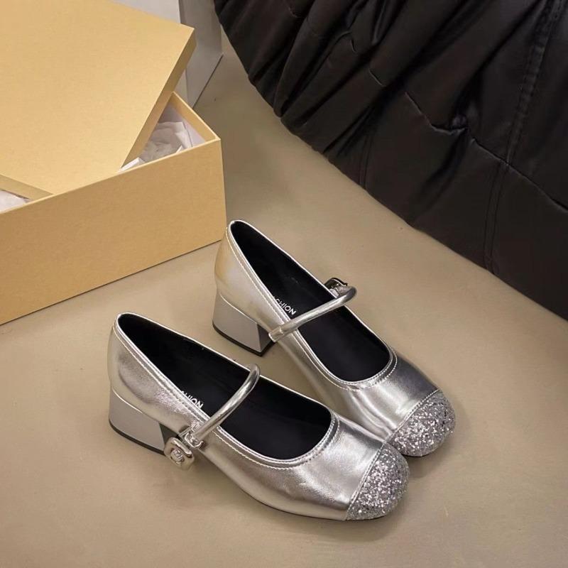 Silver soft-soled light-mouth Mary Jane shoes women's new spring and summer one-word with retro high-heeled single shoes