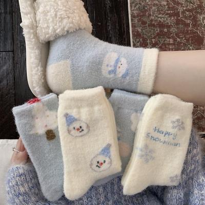 Blaue Schneemann Plüschsocken für Damen Herbst und Winter Mid-Calf Socken mit Fleece und verdickten Fell Socken, Niedliche Cartoon Schlafsocken