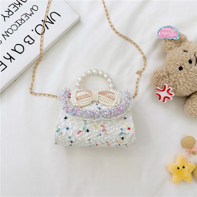 Colorful Sequin Kids Bag With Bowknot Stylish Pearl Handle Mini Crossbody Bag