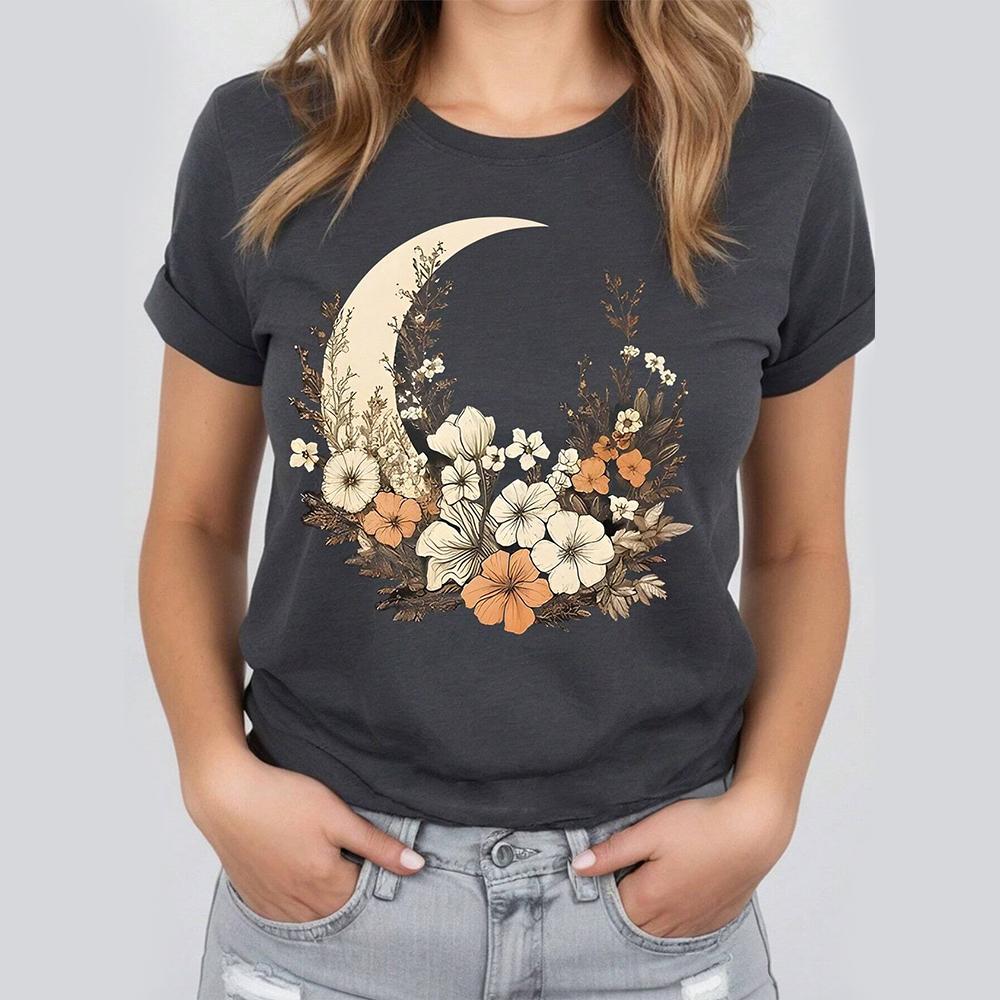 Summer Women's T-Shirts Moon Pattern Print Top Short Pullover Sleeved Fashion Casual O-Neck Oversize Tee Shirt Female Clothing