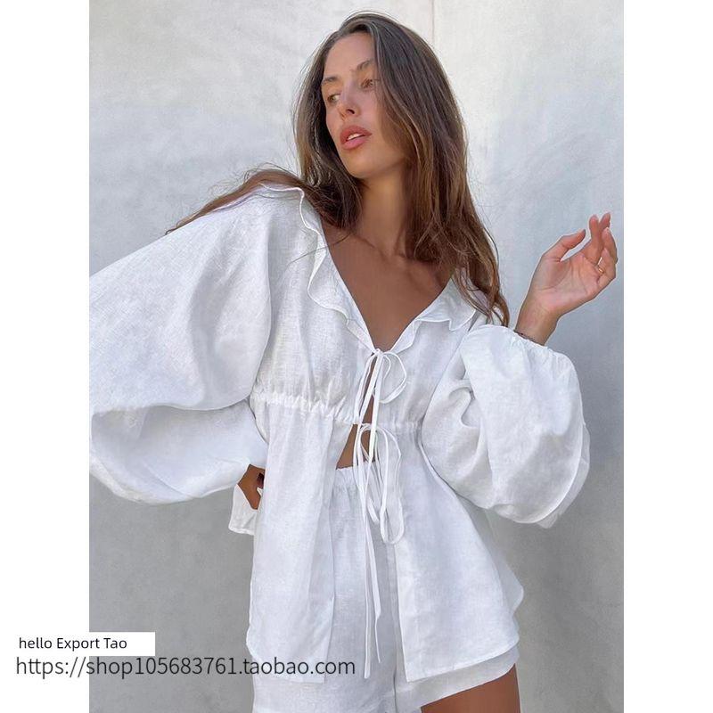 Fashion Style Summer Lantern Sleeve V Neck Tops Shorts Two-piece Set Lace up Top and Shorts Set