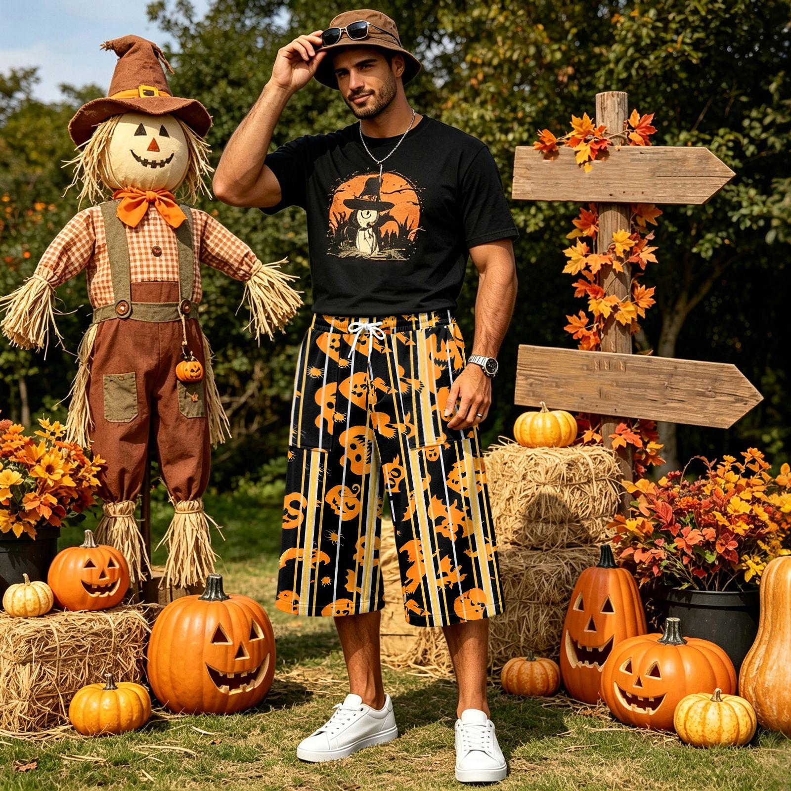 Men s Loose Fit Halloween Print Cargo Shorts with Large Pockets XXL