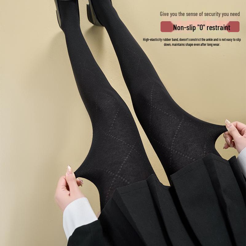 Women's Combed Cotton Tights, Grey Diamond Pattern, Slimming, Medium Thickness, Autumn/Winter Style.