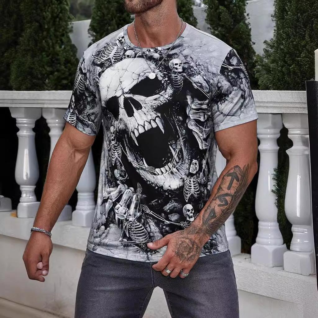 Summer Round Neck 3D Skull and Skeleton Graphic Print Top Fashionable Casual Short Sleeved Men's T-shirts