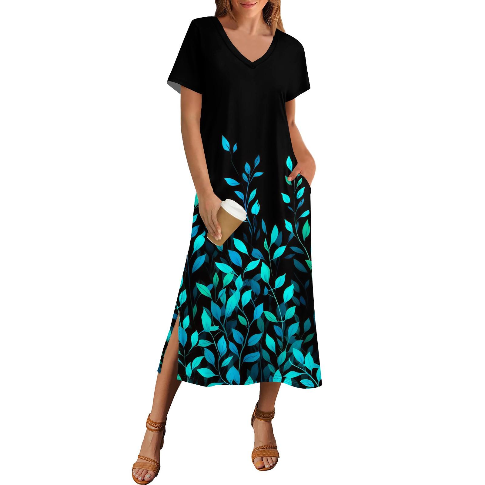 

Женское летнее платье с принтом в горошек, пляжное платье с коротким рукавом и карманом, повседневное платье с V-образным вырезом и боковыми разрезами XXXL